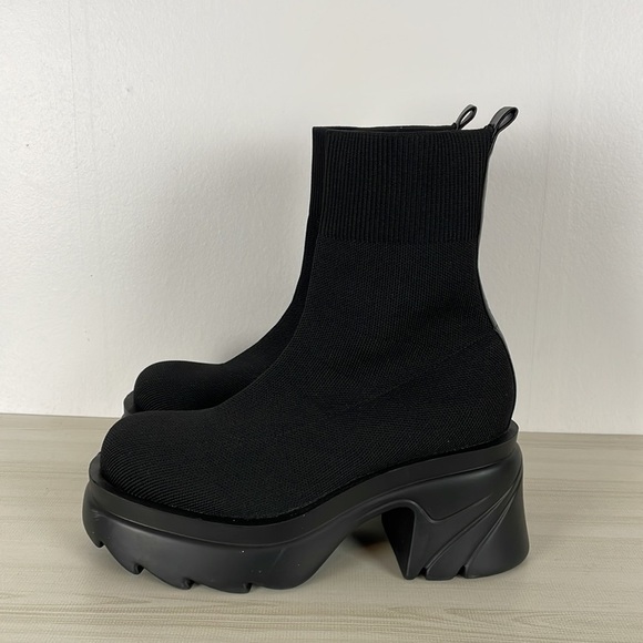 Women's black stretch tight knit slip-on Kinsley round toe booties wedge heel 8 - Picture 3 of 8